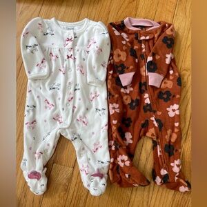 TWO Fleece Footie Pajamas, Carters, 0-3 Months - White/Brown